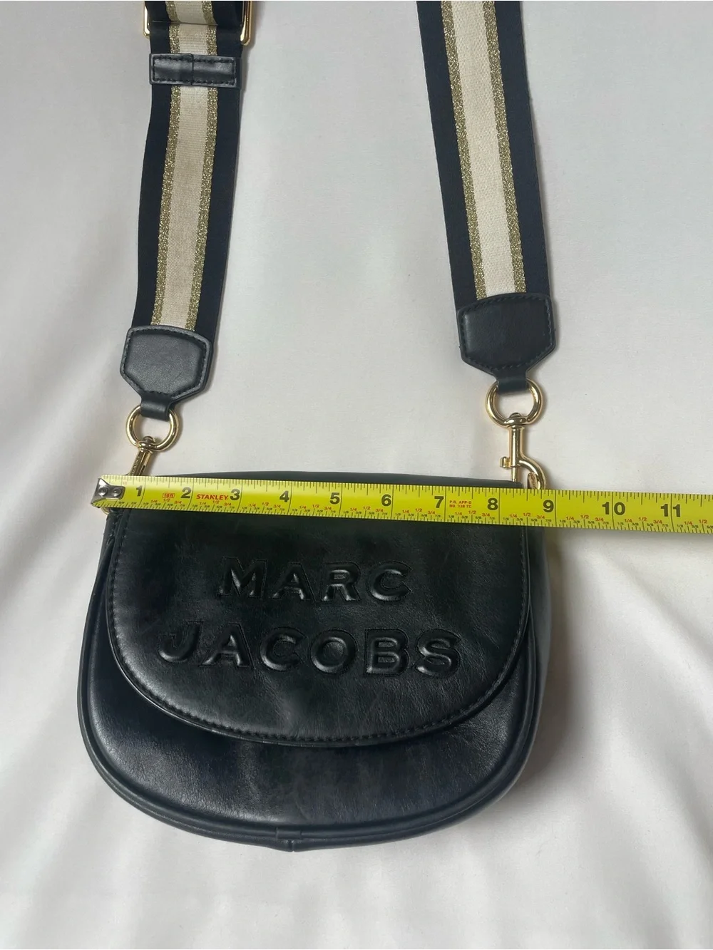 Marc Jacobs Black Leather Saddle Crossbody Bag Striped Guitar Strap